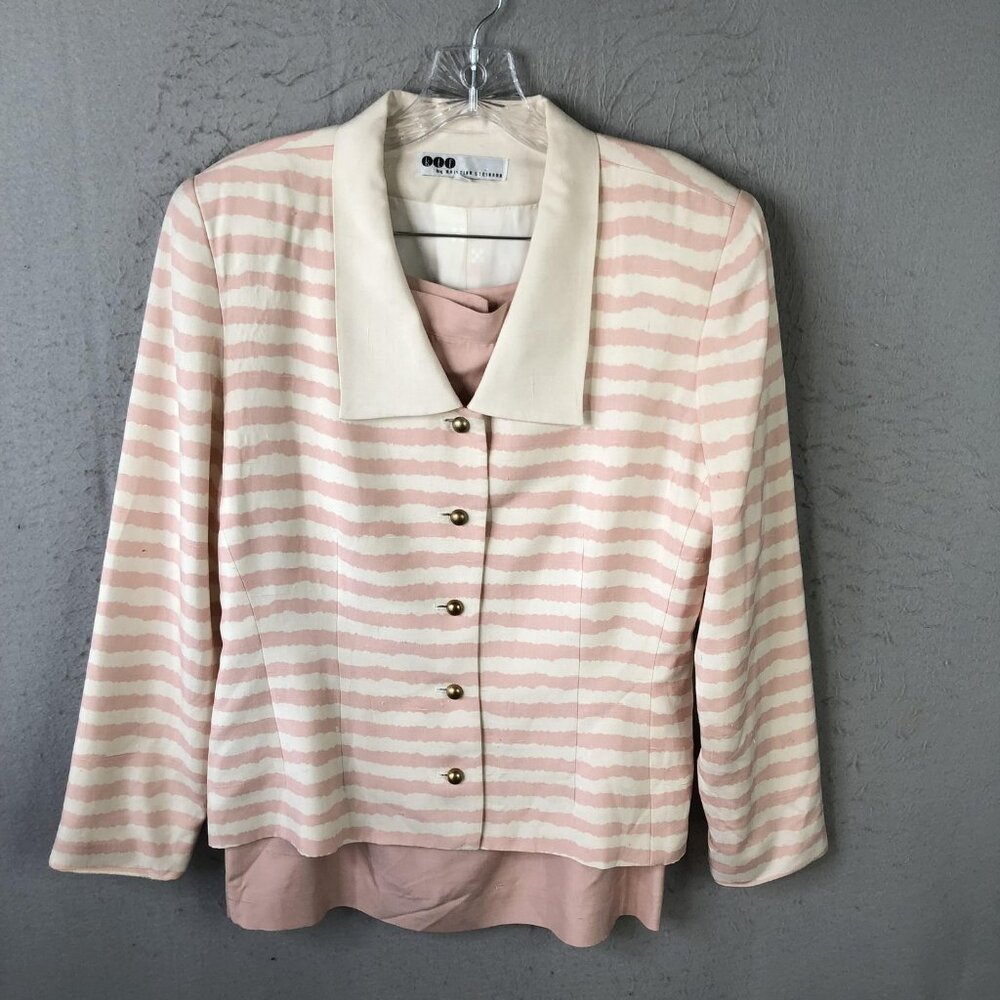 Women's Pink and Cream Striped Skirt Set - Classic Button Jacket